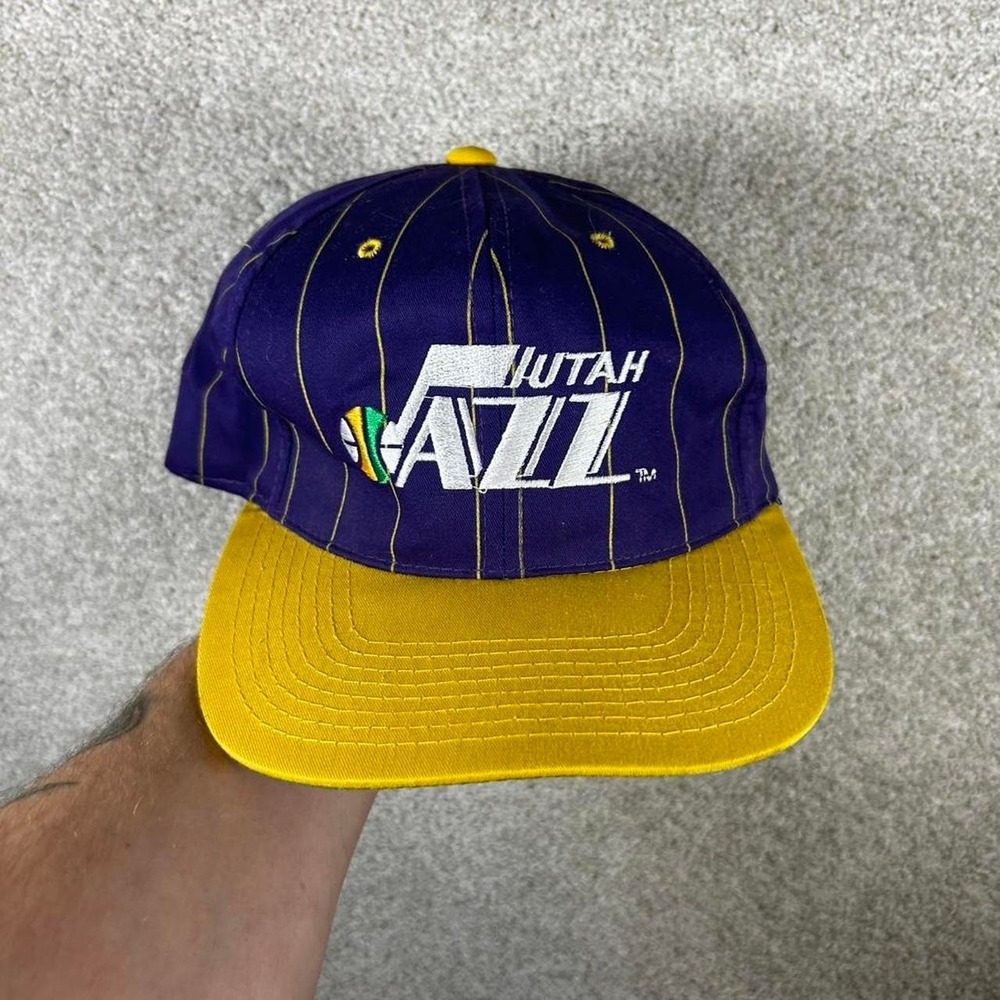 Vintage 90s Utah Jazz purple and yellow pinstripes TWINS SnapBack hat cap